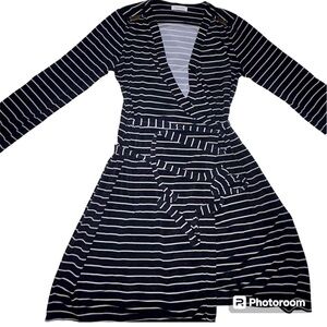 Calvin Klein Black and Tab Stripe Wrap Dress - Medium